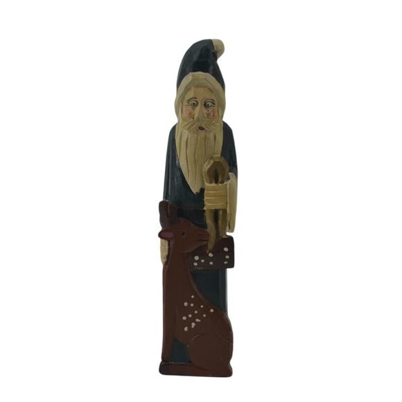 Unbranded Other - Hand Carved Santa Holiday Green Deer Skinny Tall Figure 10"